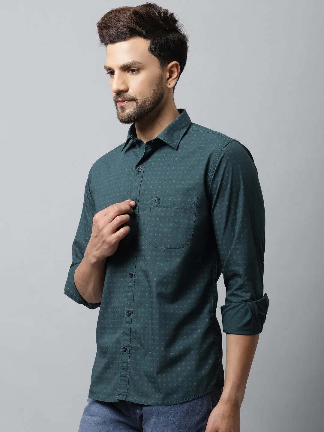 Men's Bottle Green Casual Geometric Print Full Sleeve Shirt