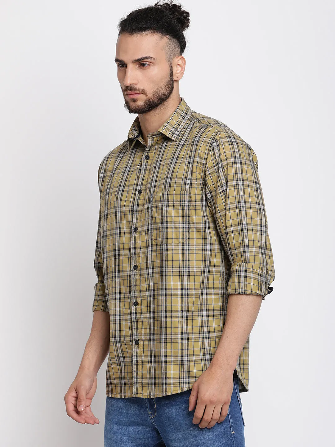 Men's Khaki Casual Medium Checks Full Sleeve Shirt