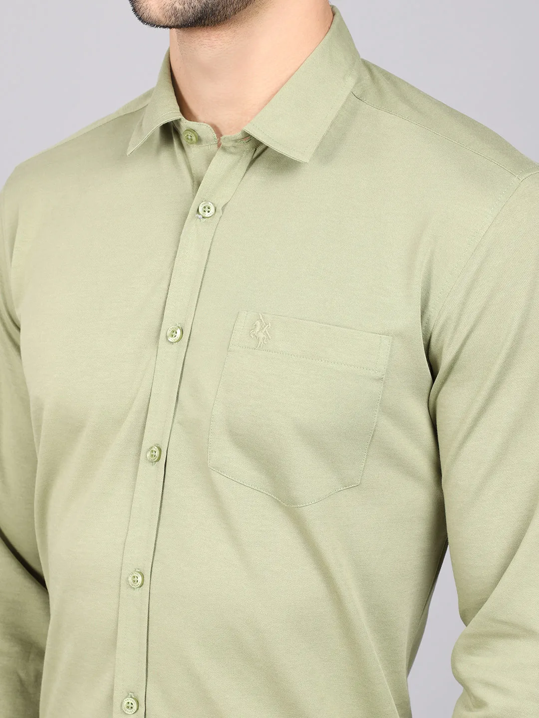 Men's Light Olive Green Casual Knit Jersey Full Sleeve Shirt