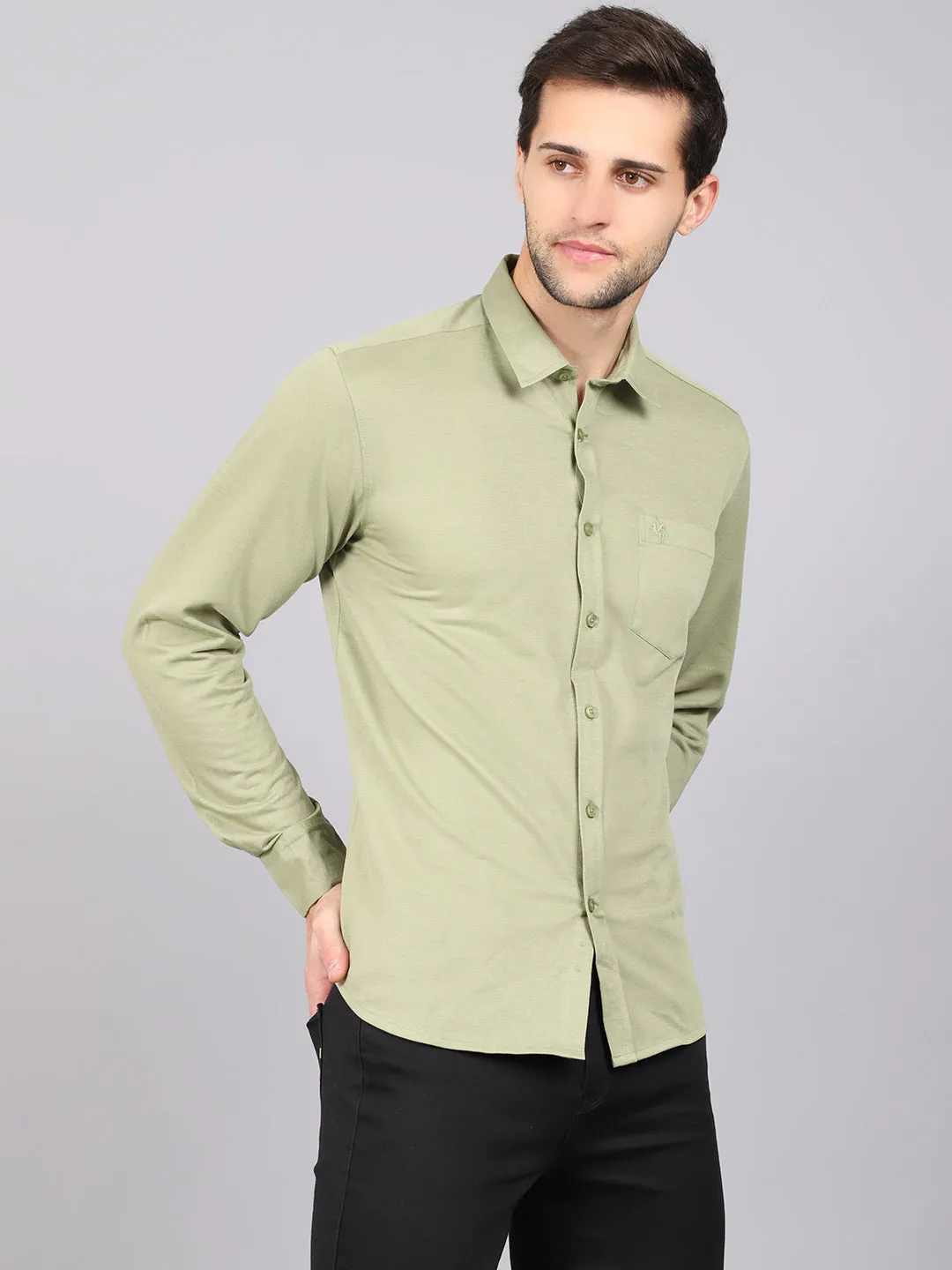 Men's Light Olive Green Casual Knit Jersey Full Sleeve Shirt