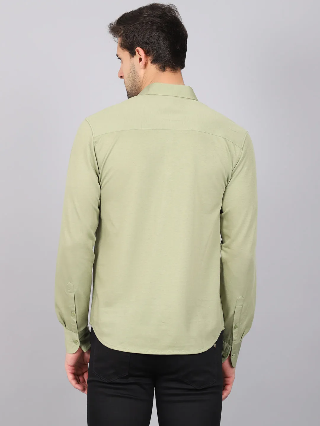 Men's Light Olive Green Casual Knit Jersey Full Sleeve Shirt