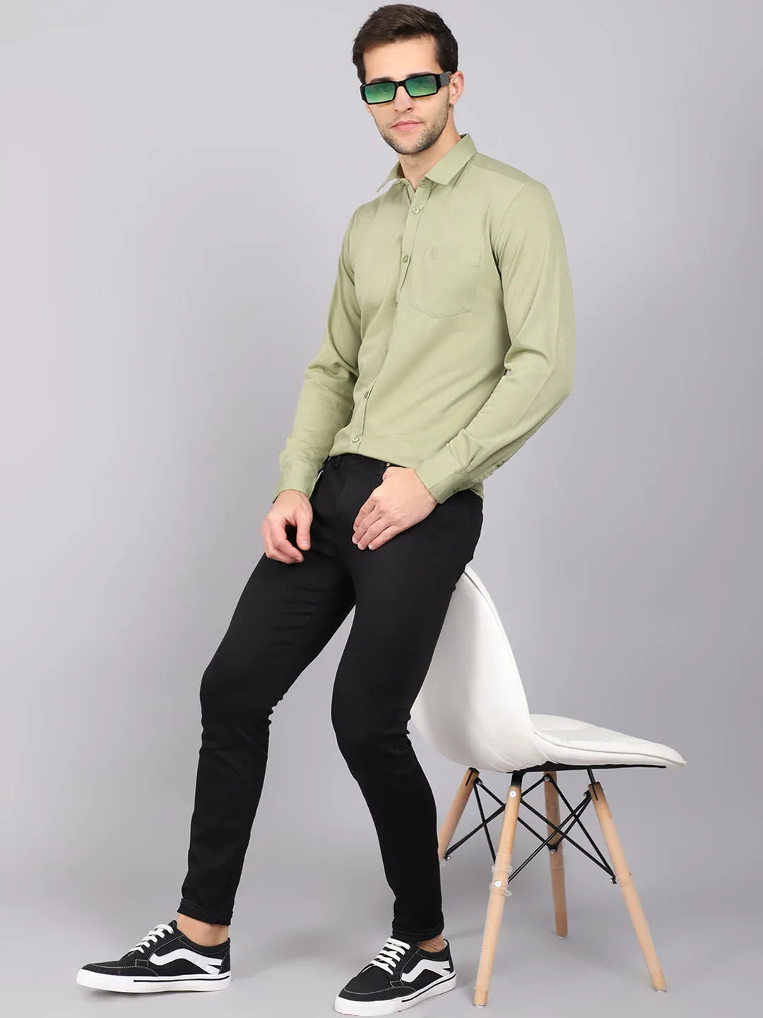 Men's Light Olive Green Casual Knit Jersey Full Sleeve Shirt