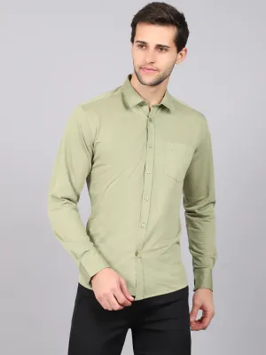 Men's Light Olive Green Casual Knit Jersey Full Sleeve Shirt