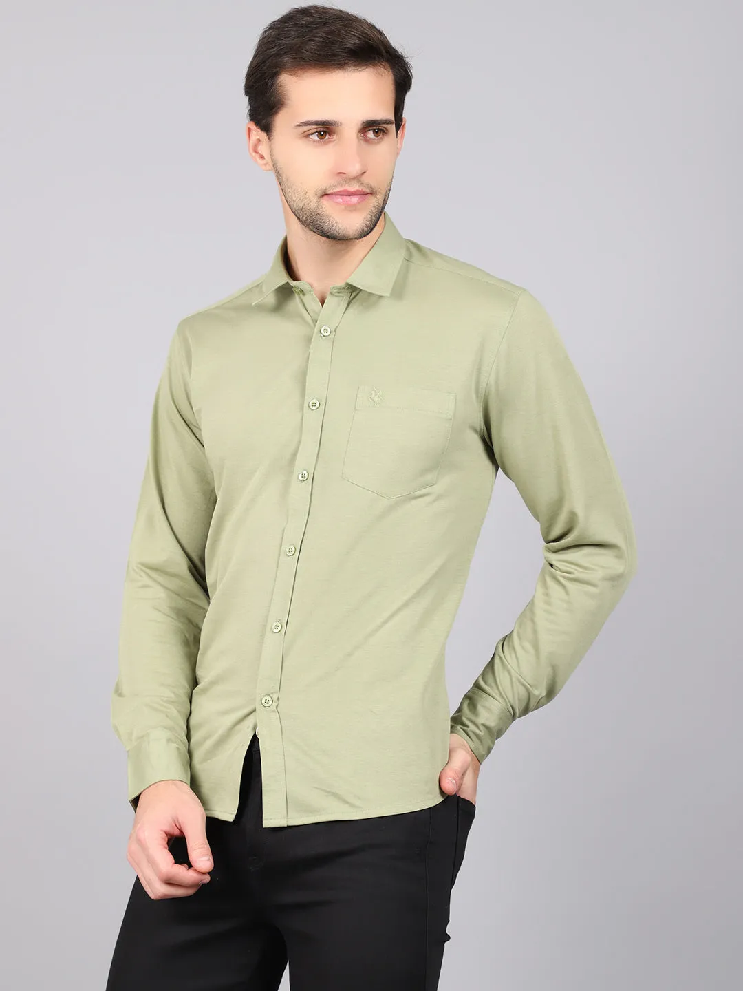 Men's Light Olive Green Casual Knit Jersey Full Sleeve Shirt