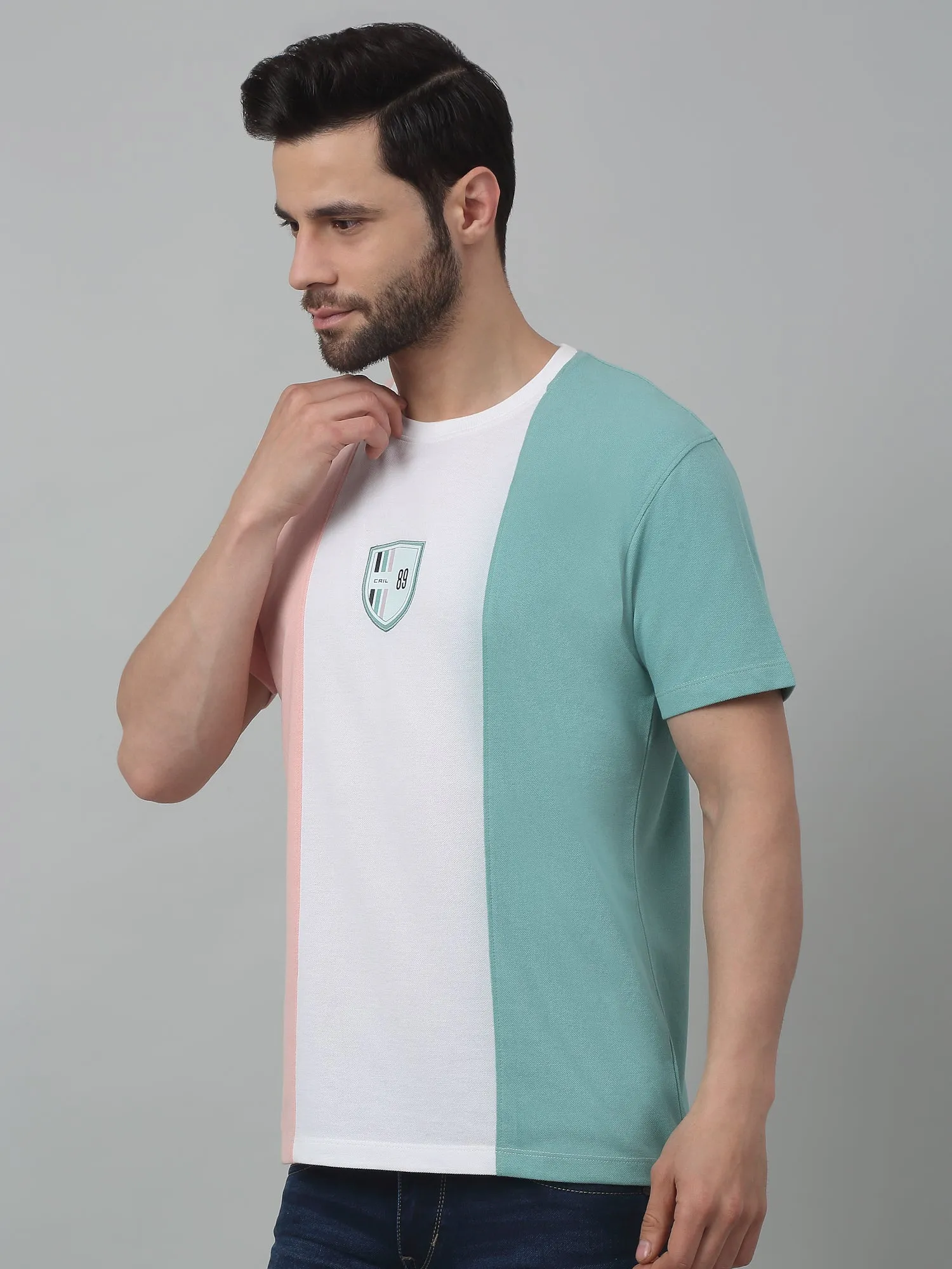 Men's Light Pink Vertical 3 color block Round neck Half Sleeve T-Shirt