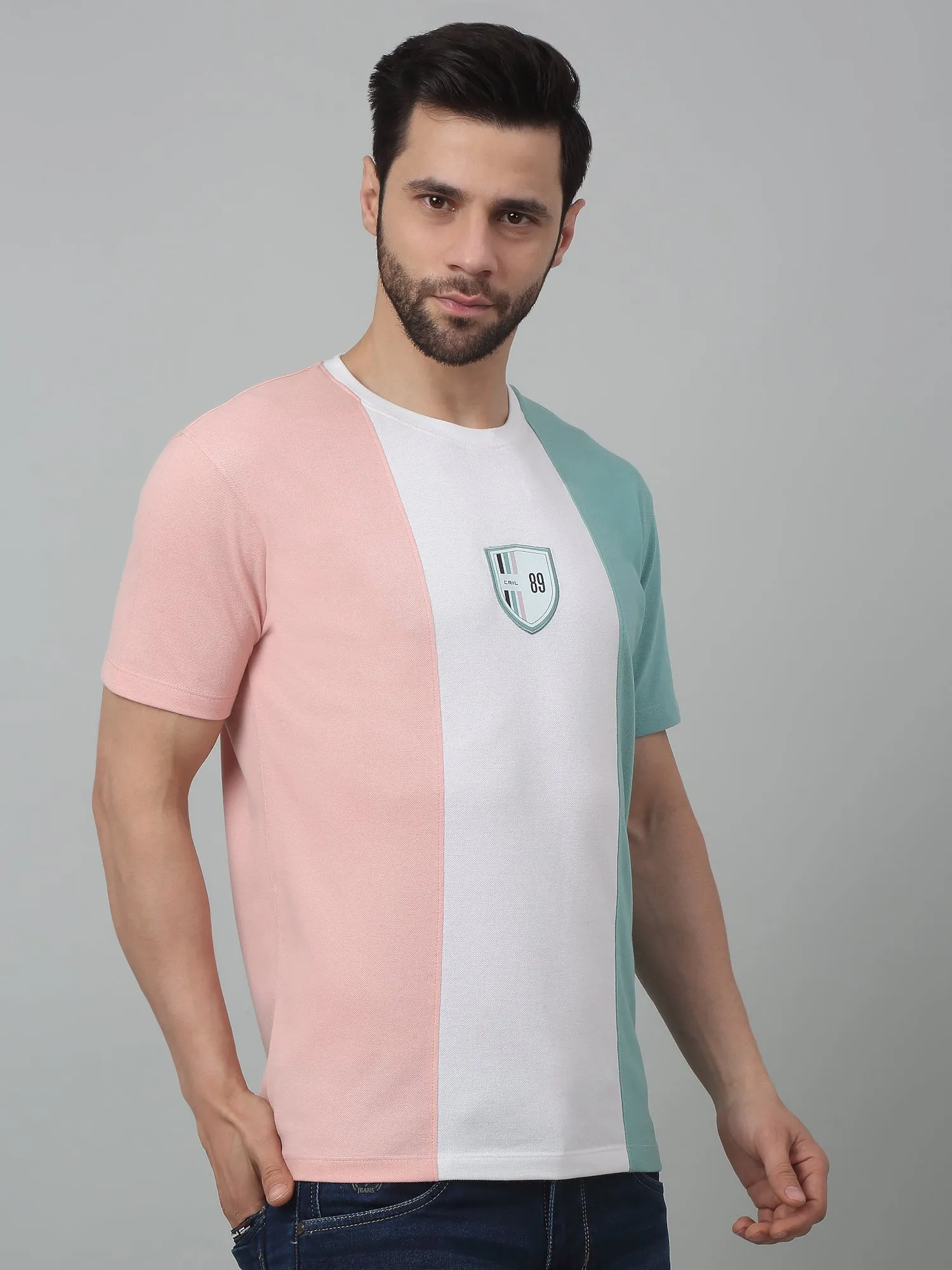 Men's Light Pink Vertical 3 color block Round neck Half Sleeve T-Shirt