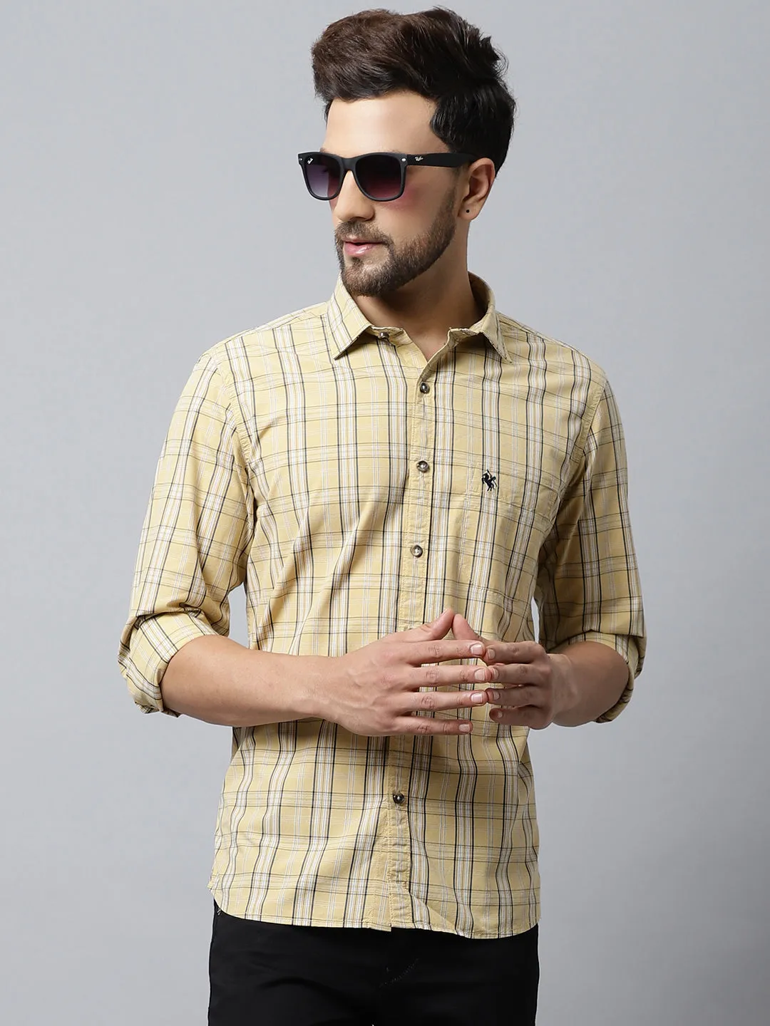 Men's Light Yellow Casual Medium Checks Full Sleeve Shirt