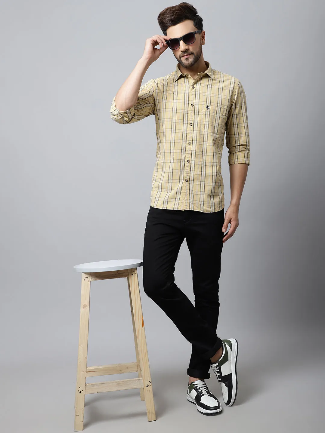 Men's Light Yellow Casual Medium Checks Full Sleeve Shirt