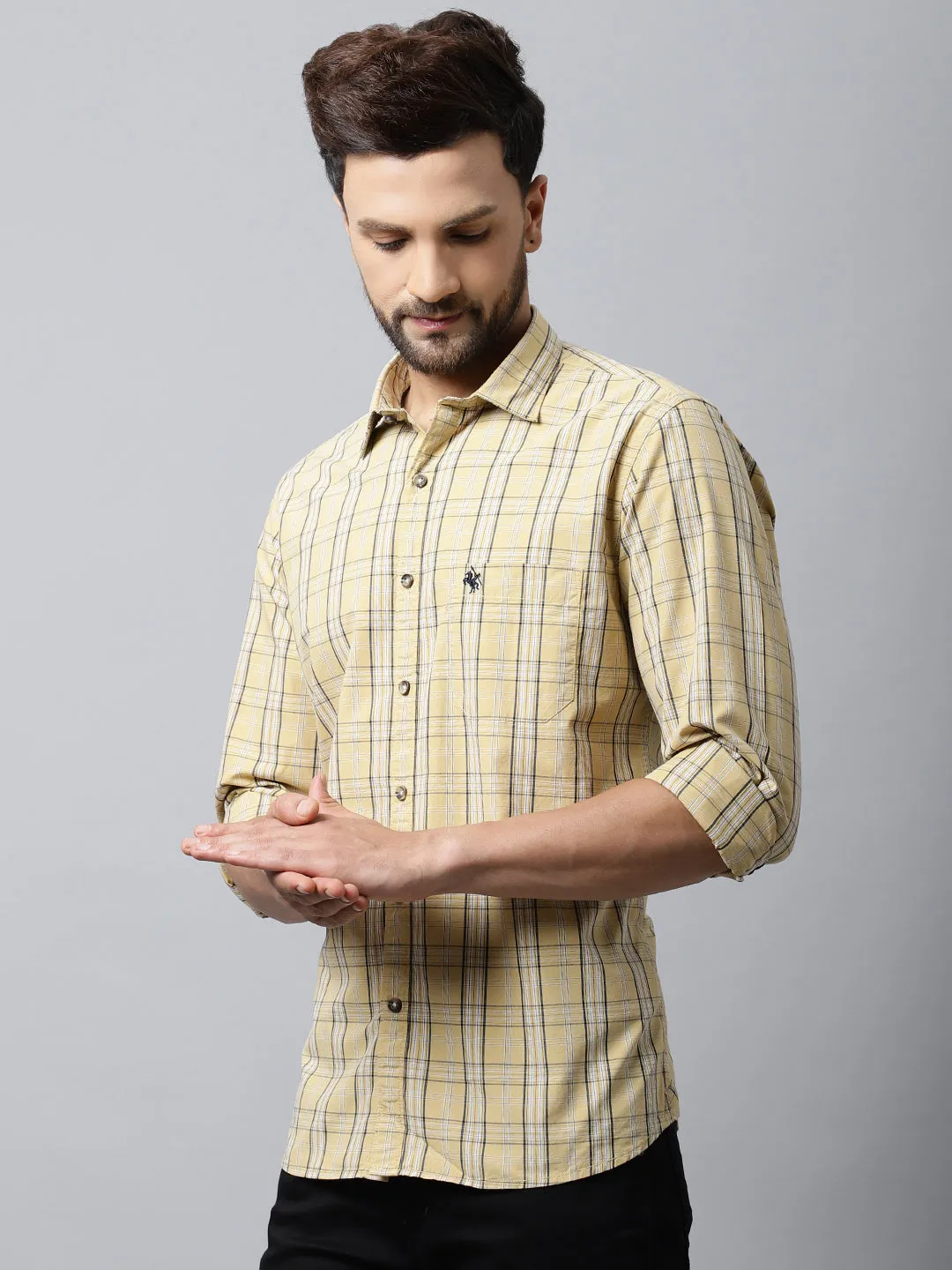 Men's Light Yellow Casual Medium Checks Full Sleeve Shirt