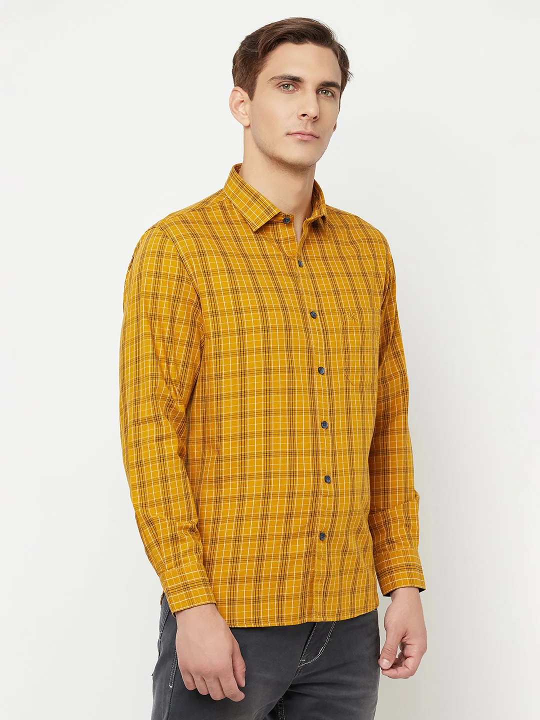 Men's Mustard Casual Medium Checks Full Sleeve Shirt