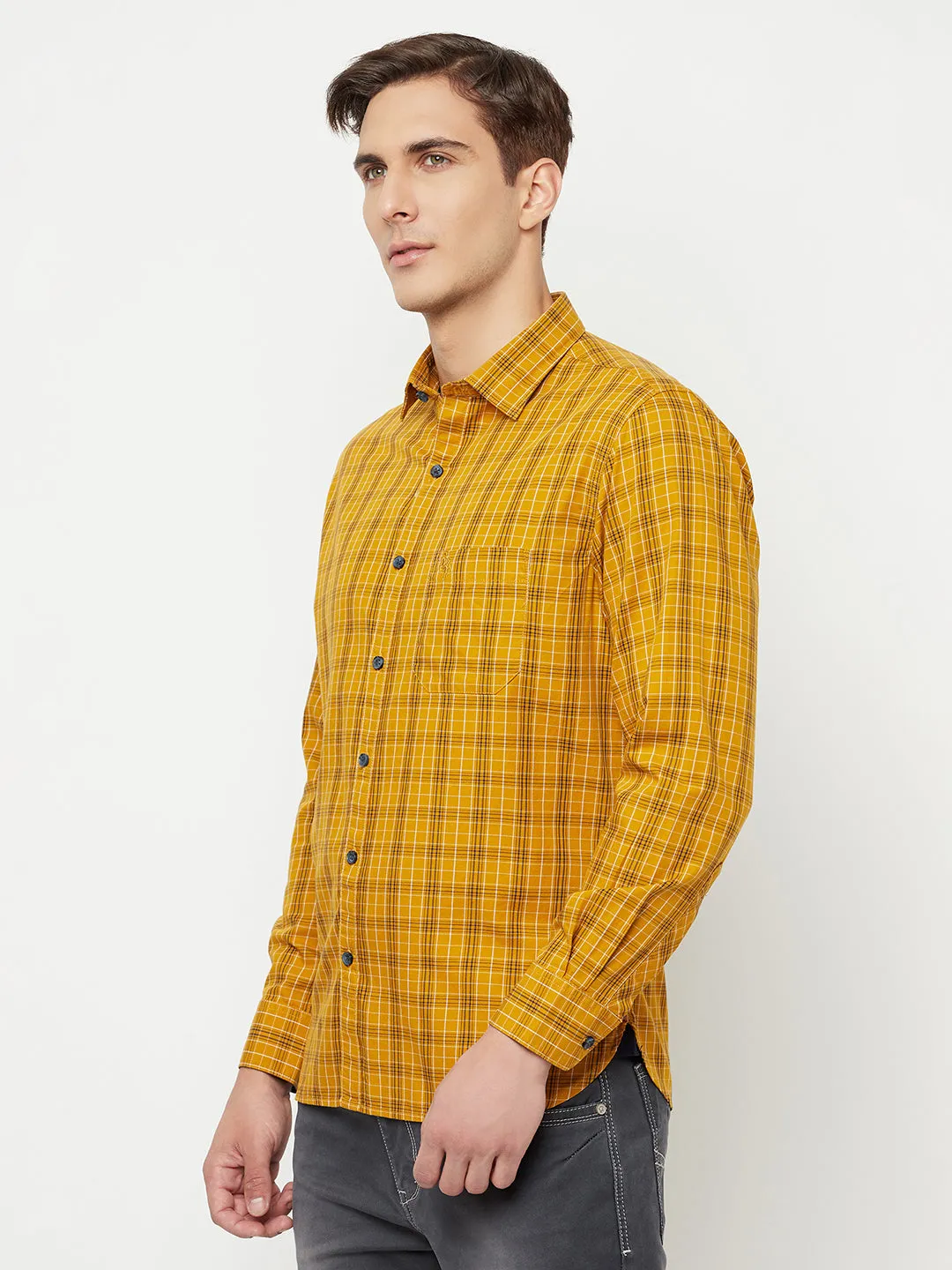 Men's Mustard Casual Medium Checks Full Sleeve Shirt