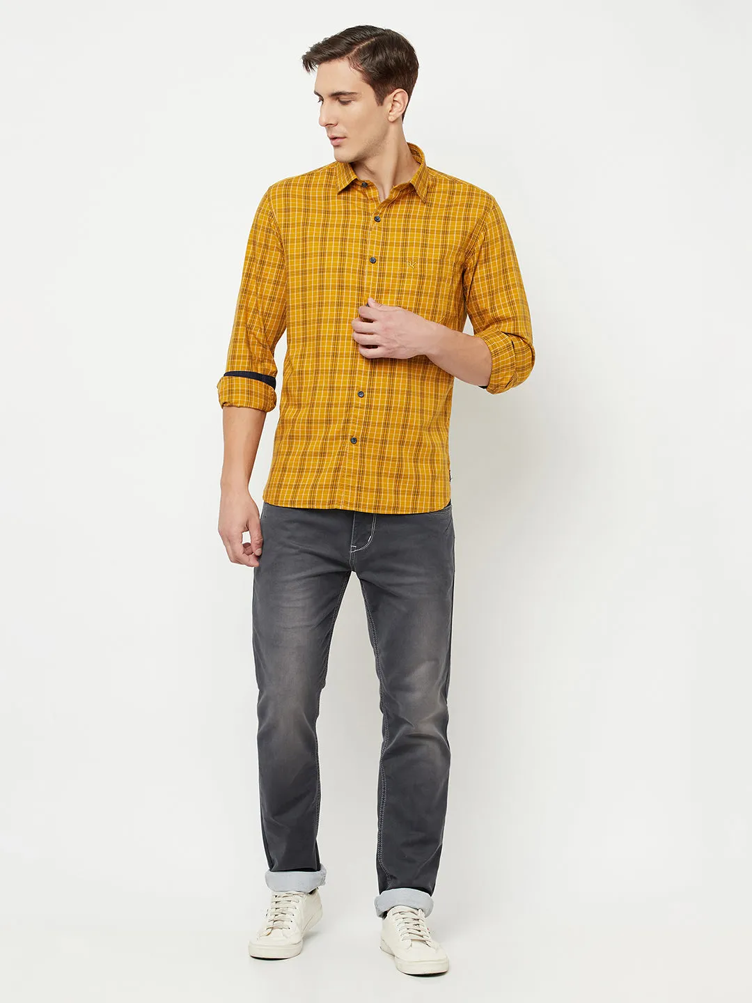 Men's Mustard Casual Medium Checks Full Sleeve Shirt