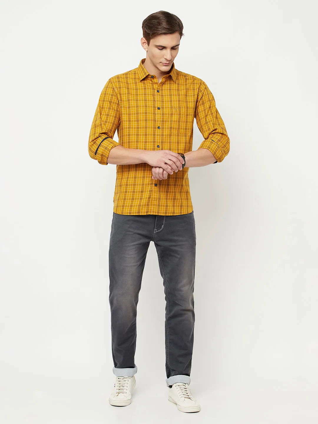 Men's Mustard Casual Medium Checks Full Sleeve Shirt