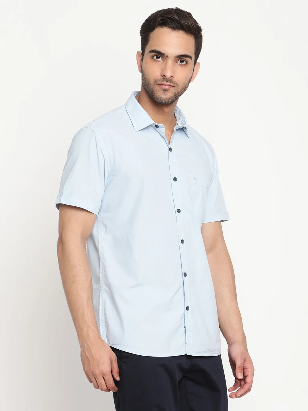 Men's Sky Blue Casual Plain Half Sleeve Shirt