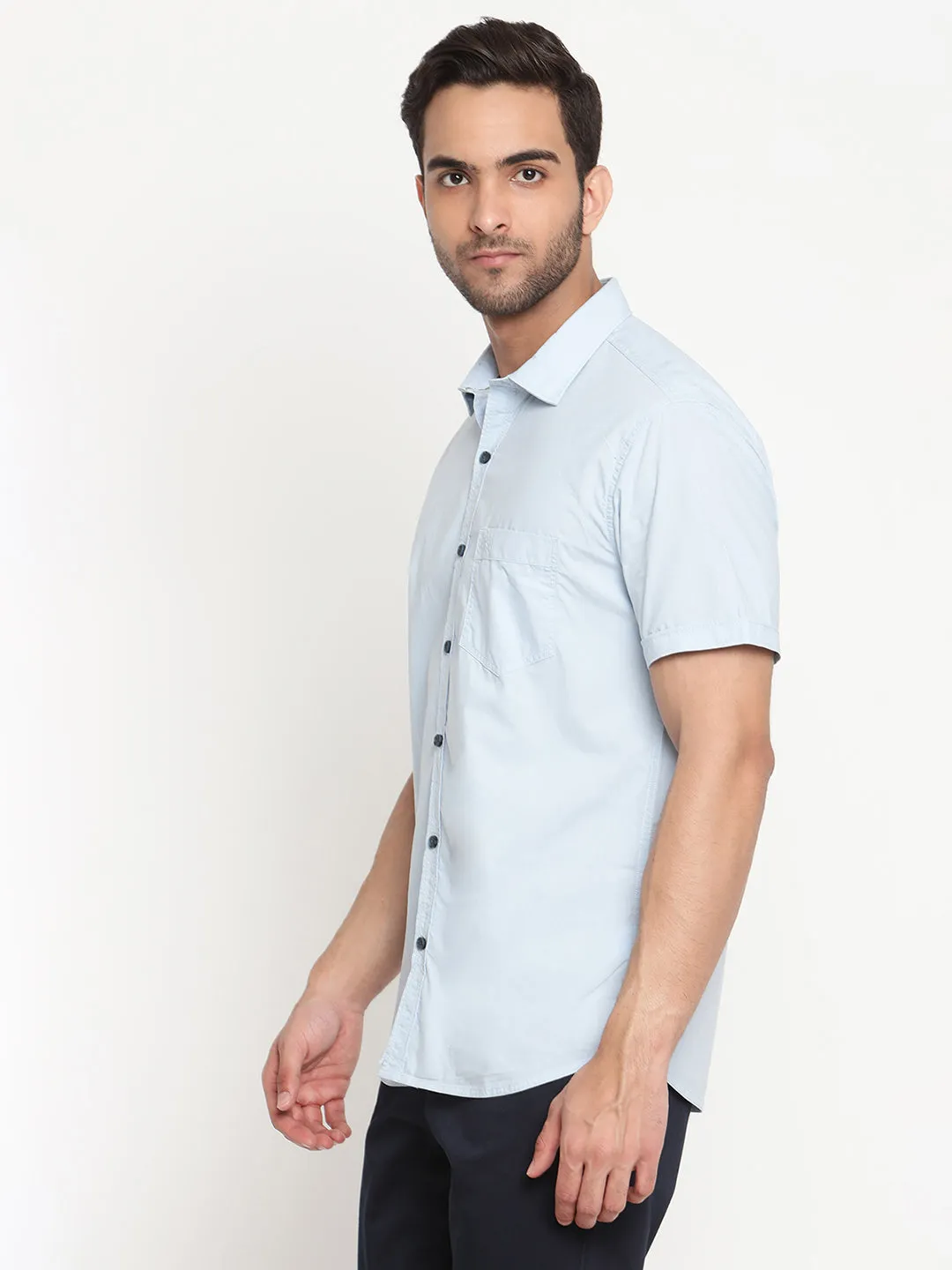 Men's Sky Blue Casual Plain Half Sleeve Shirt