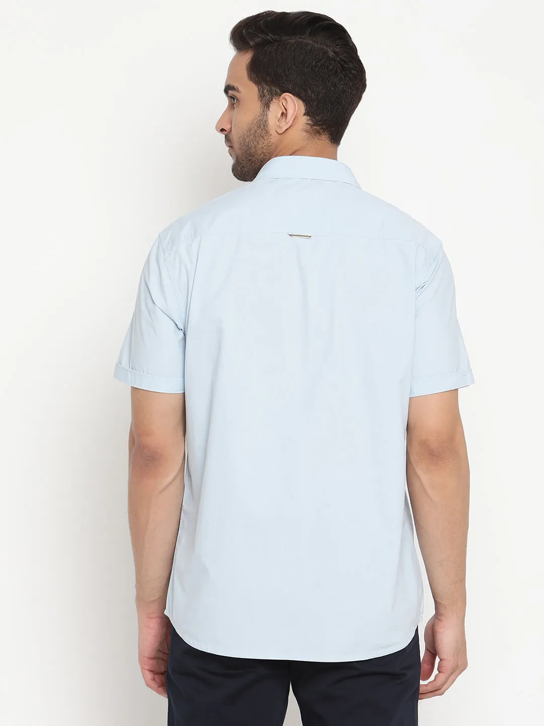 Men's Sky Blue Casual Plain Half Sleeve Shirt