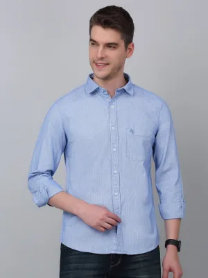 Men's Sky Blue Casual Self Textured Full Sleeve Shirt