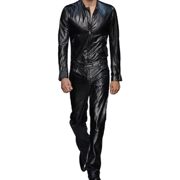 Men's Trendy Real Sheepskin black Leather Jumpsuit