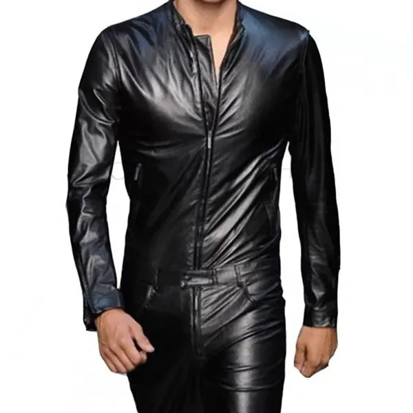 Men's Trendy Real Sheepskin black Leather Jumpsuit