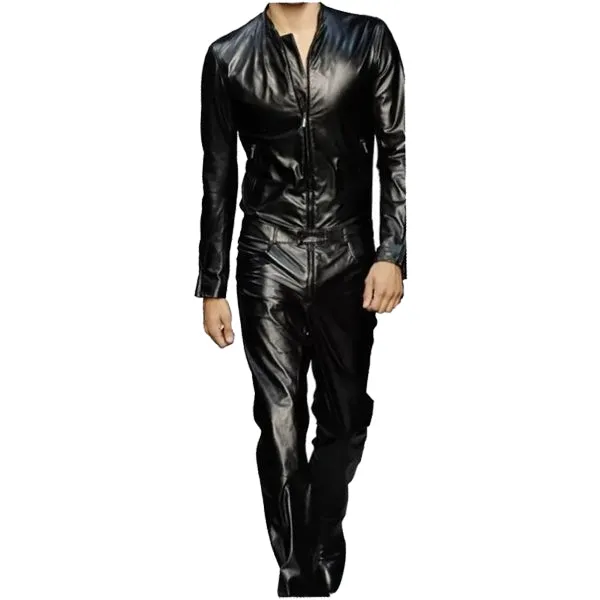 Men's Trendy Real Sheepskin black Leather Jumpsuit