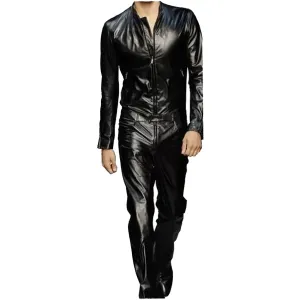 Men's Trendy Real Sheepskin black Leather Jumpsuit