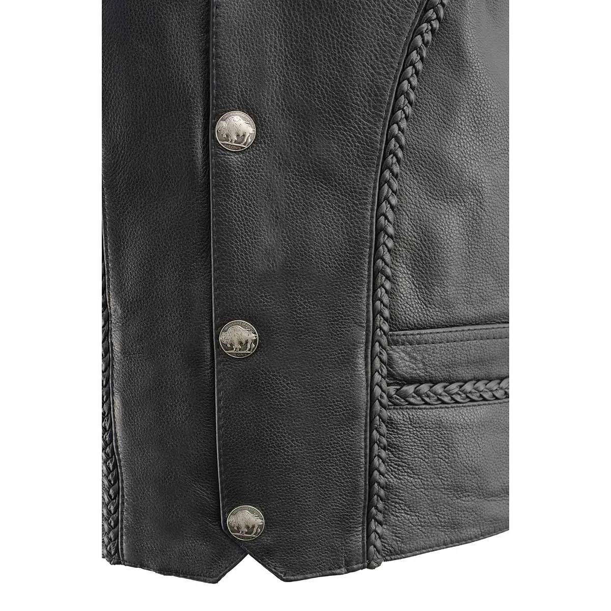 Milwaukee Leather ML1359 Men's Black Premium Leather Side Lace Motorcycle Rider Vest w/ Buffalo Nickel Snaps Closure