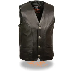 Milwaukee Leather ML1368 Men's Black Premium Leather V-Neck Motorcycle Rider Vest w/ Buffalo Nickel Snaps Closure