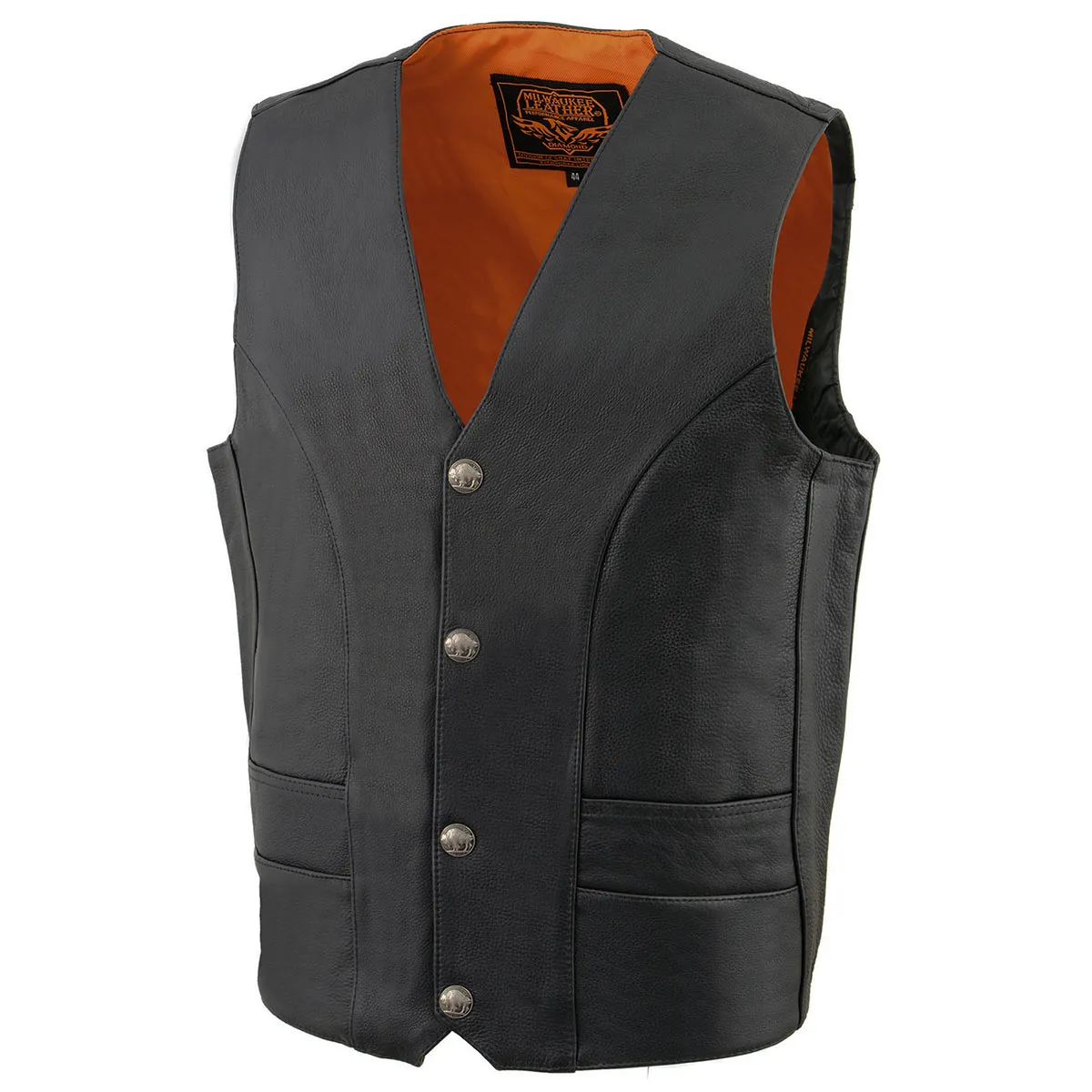 Milwaukee Leather ML1368 Men's Black Premium Leather V-Neck Motorcycle Rider Vest w/ Buffalo Nickel Snaps Closure