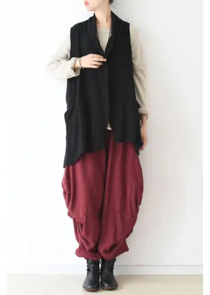 Oversized black linen vests loose linen cardigan sleeveless coats