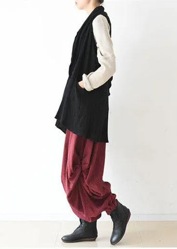 Oversized black linen vests loose linen cardigan sleeveless coats