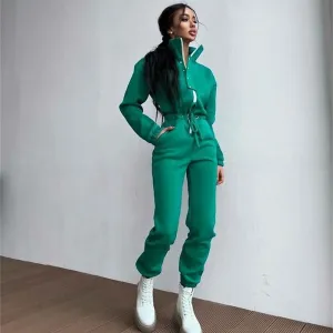 Polo Stand-up Collar Cinched Cotton Blend Jumpsuits