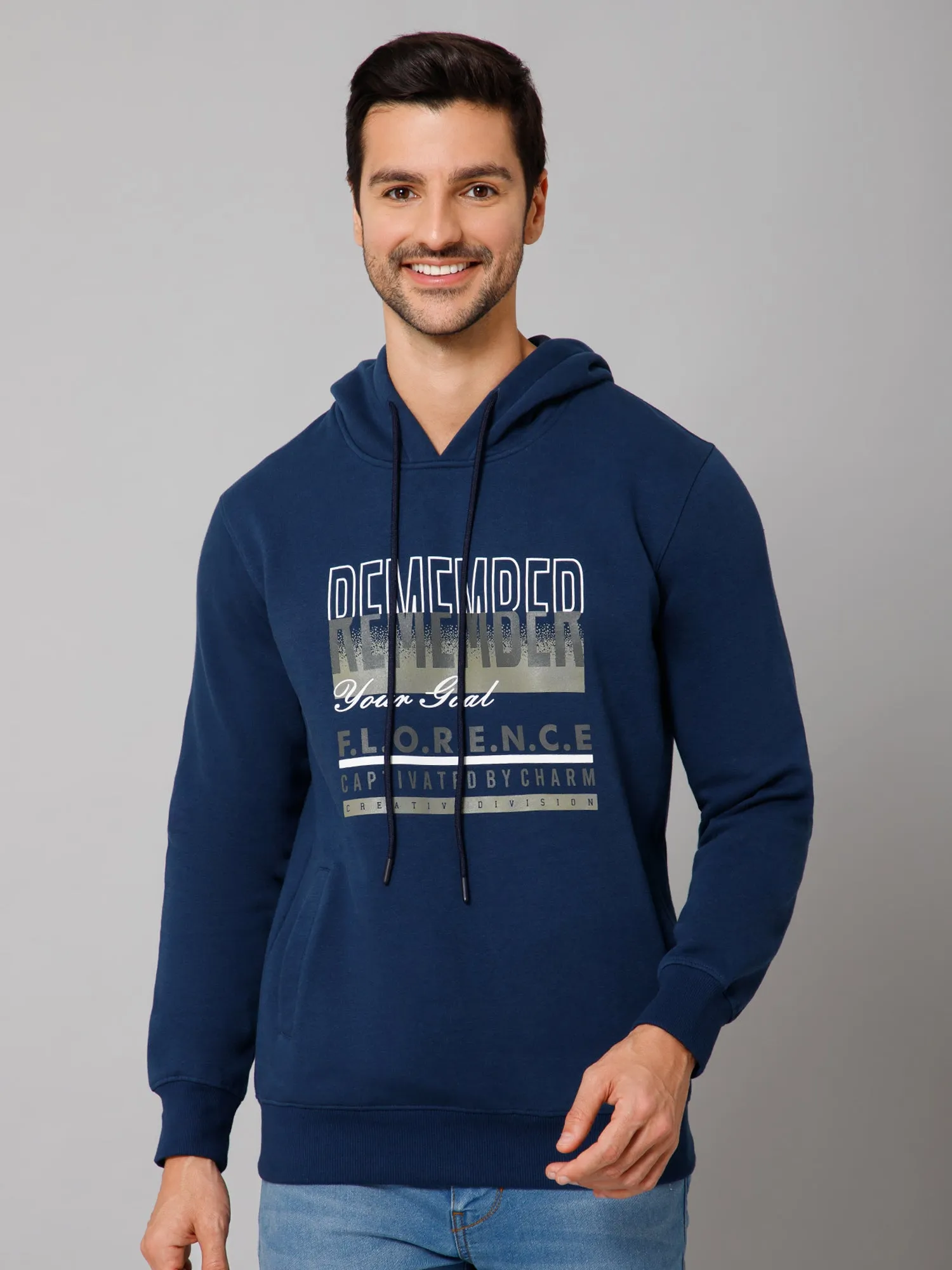 Printed Blue Full Sleeves Hooded Neck Regular Fit Casual Sweatshirt for Men