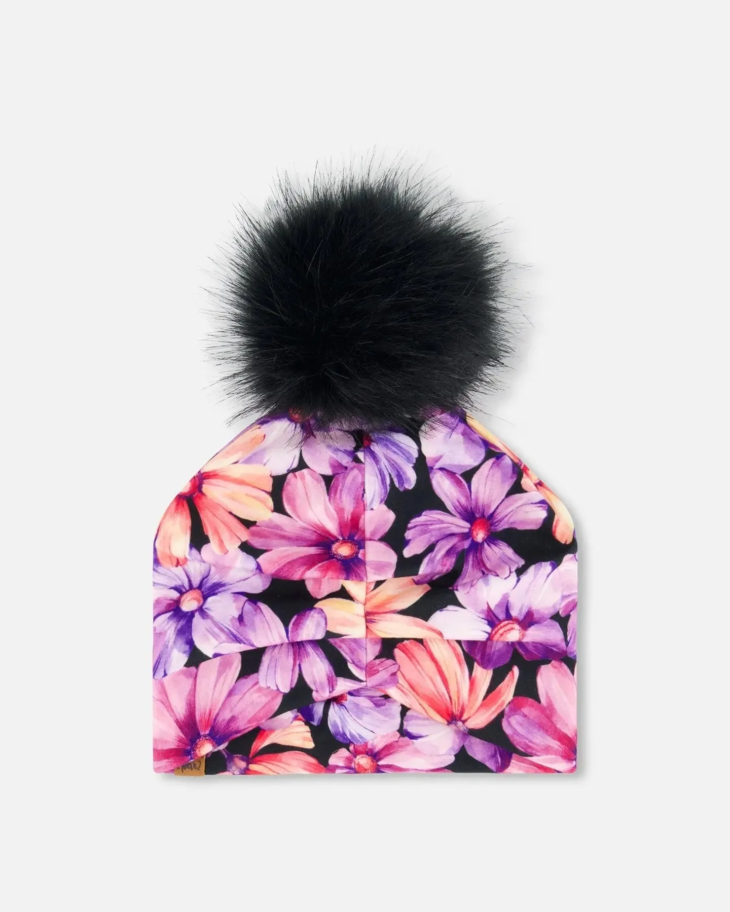 Printed Jersey Detachable Pompom Hat Black With Pink And Orange Flowers