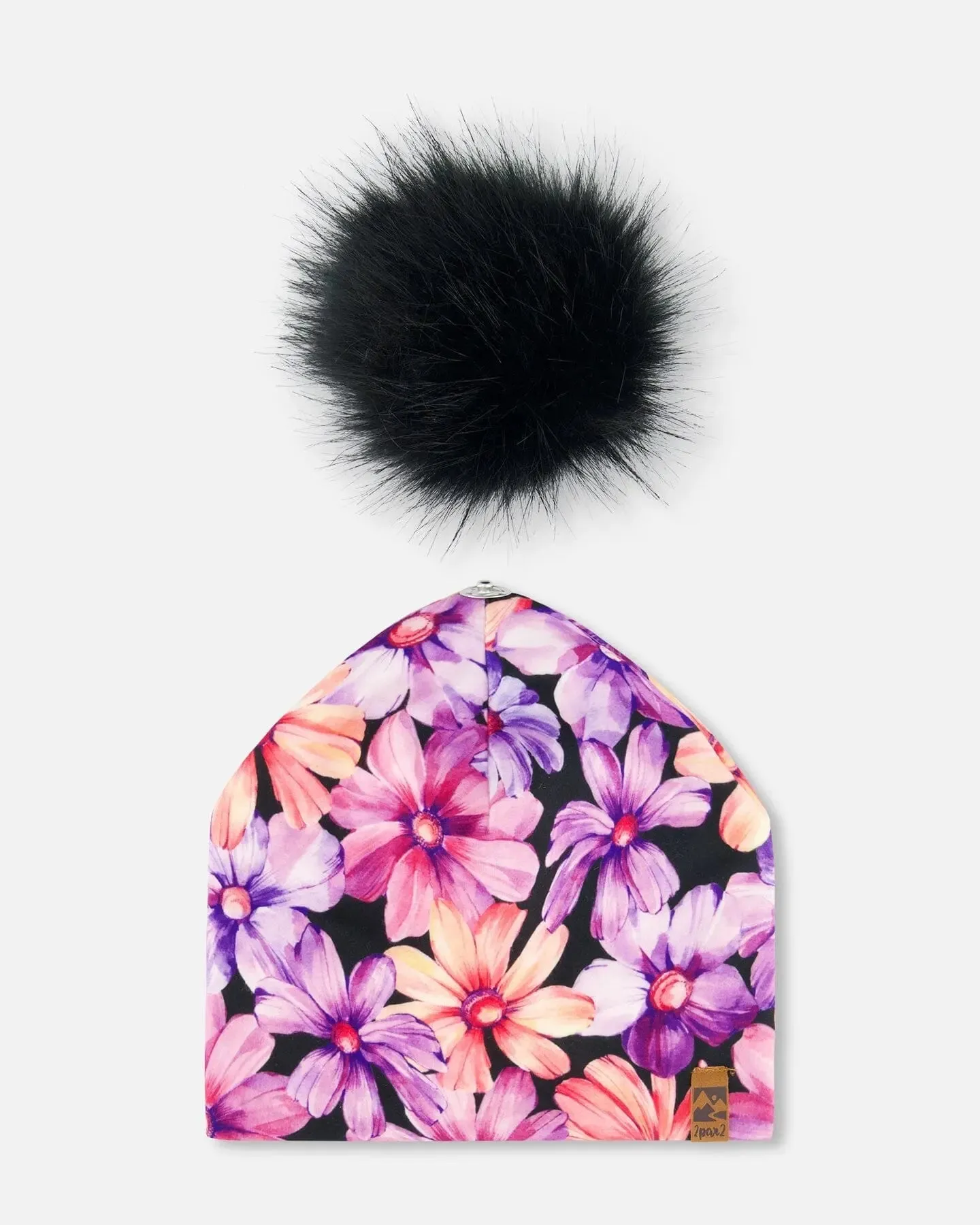 Printed Jersey Detachable Pompom Hat Black With Pink And Orange Flowers