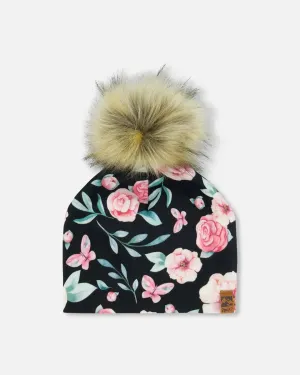 Printed Jersey Detachable Pompom Hat Pink, Black, And Flowers