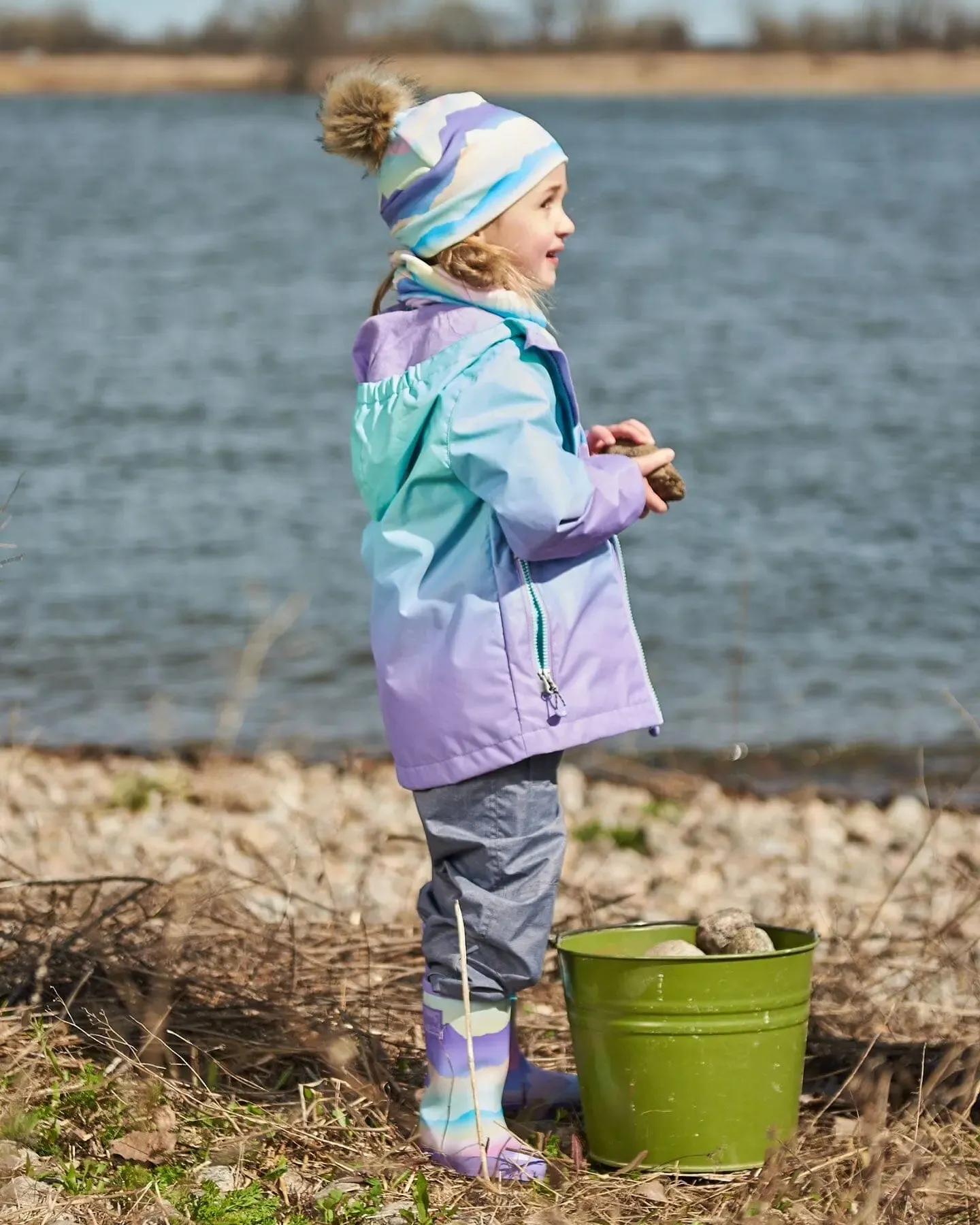 Printed Jersey Detachable Pompom Hat Small White Flowers On Turquoise And Lilac