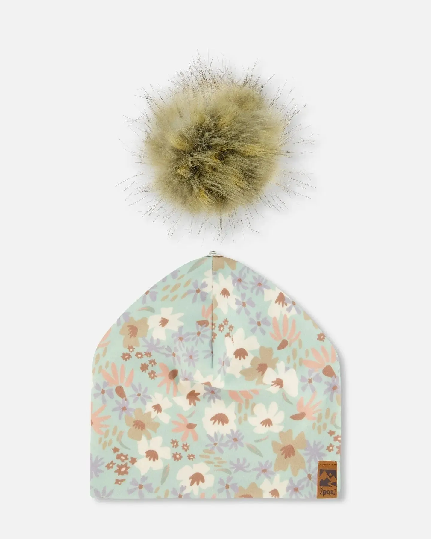 Printed Jersey Detachable Pompom Hat Small White Flowers On Turquoise And Lilac