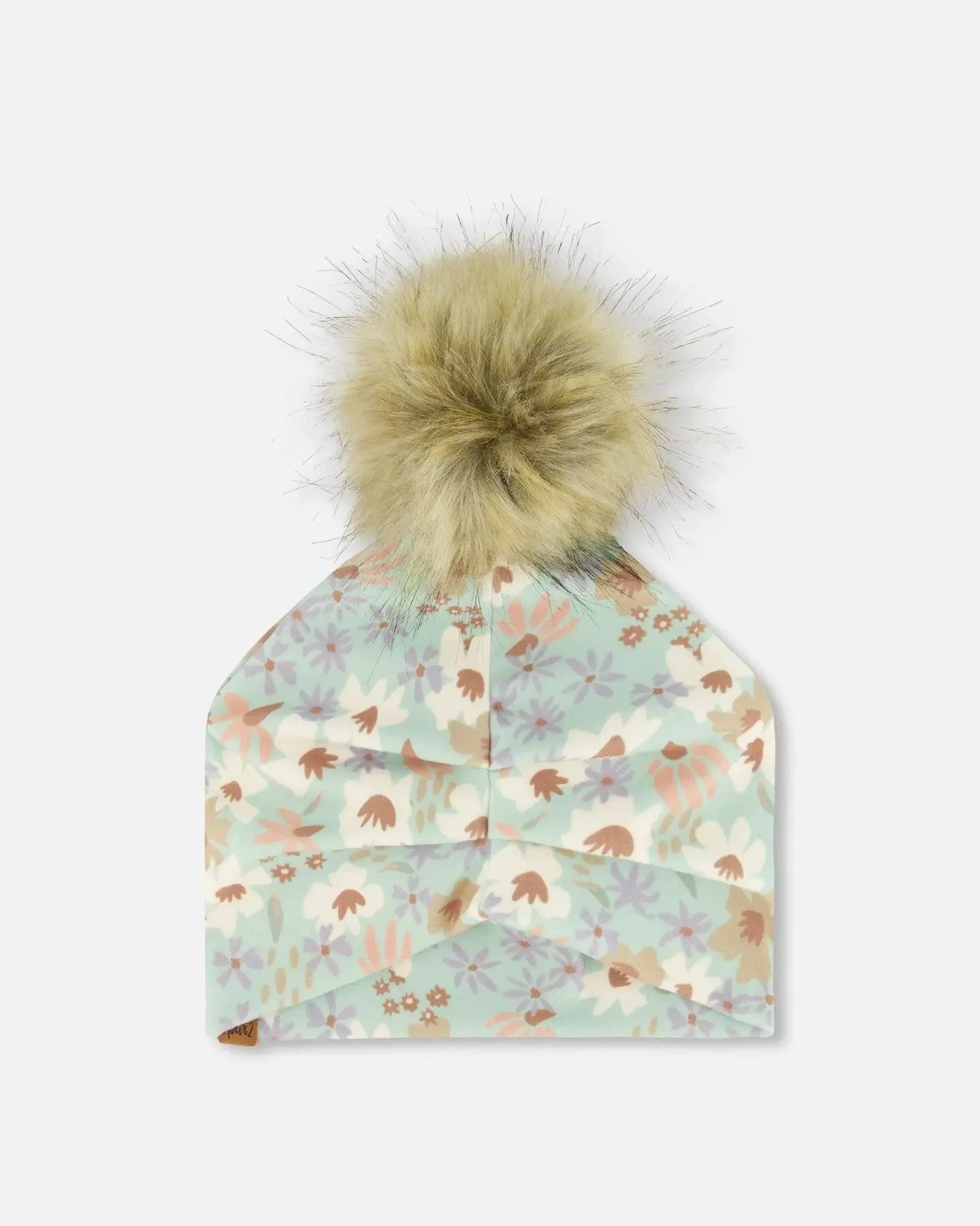 Printed Jersey Detachable Pompom Hat Small White Flowers On Turquoise And Lilac