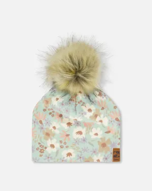 Printed Jersey Detachable Pompom Hat Small White Flowers On Turquoise And Lilac