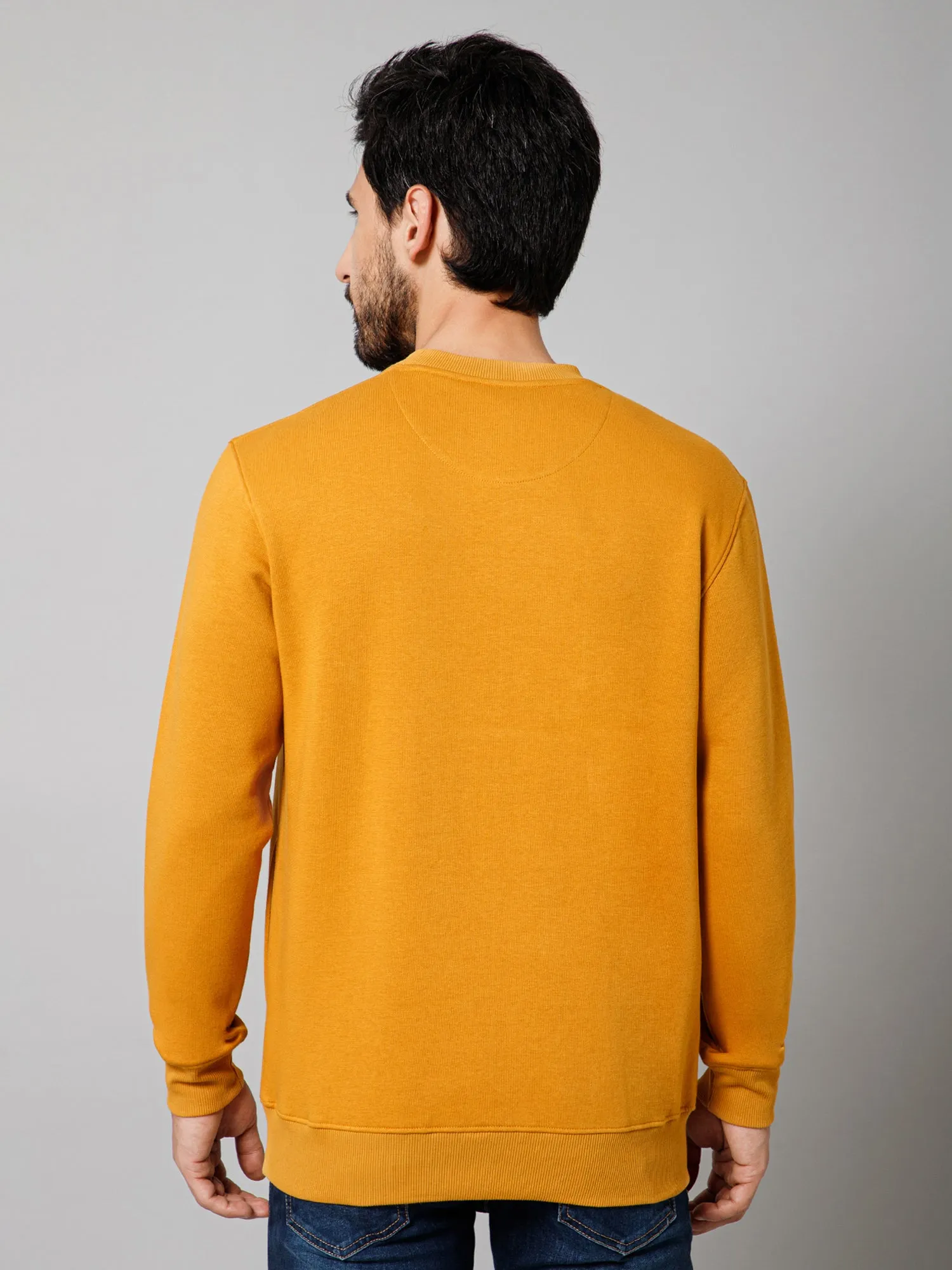 Printed Mustard Full Sleeves Round Neck Regular Fit Casual Sweatshirt For Mens