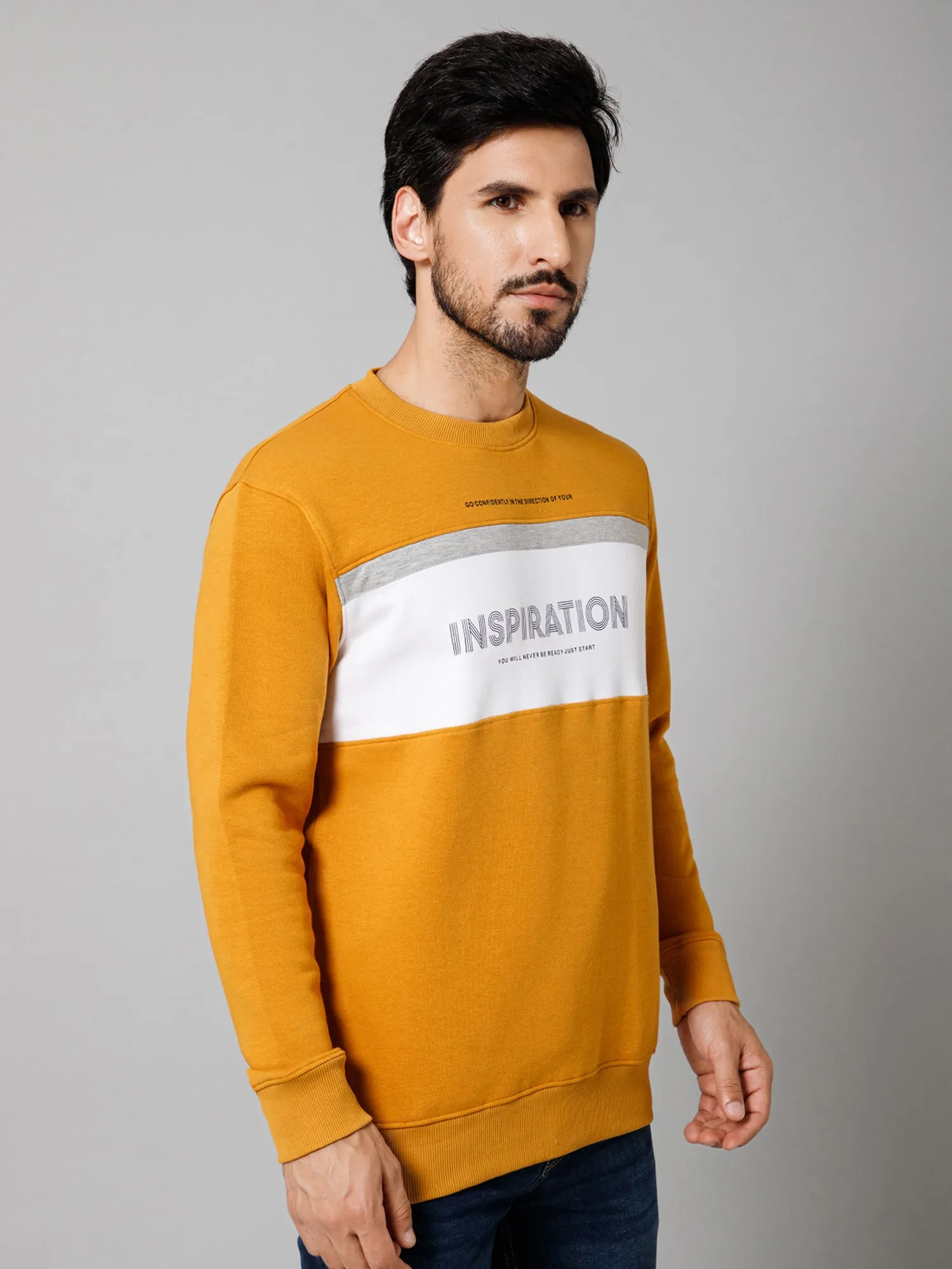 Printed Mustard Full Sleeves Round Neck Regular Fit Casual Sweatshirt For Mens