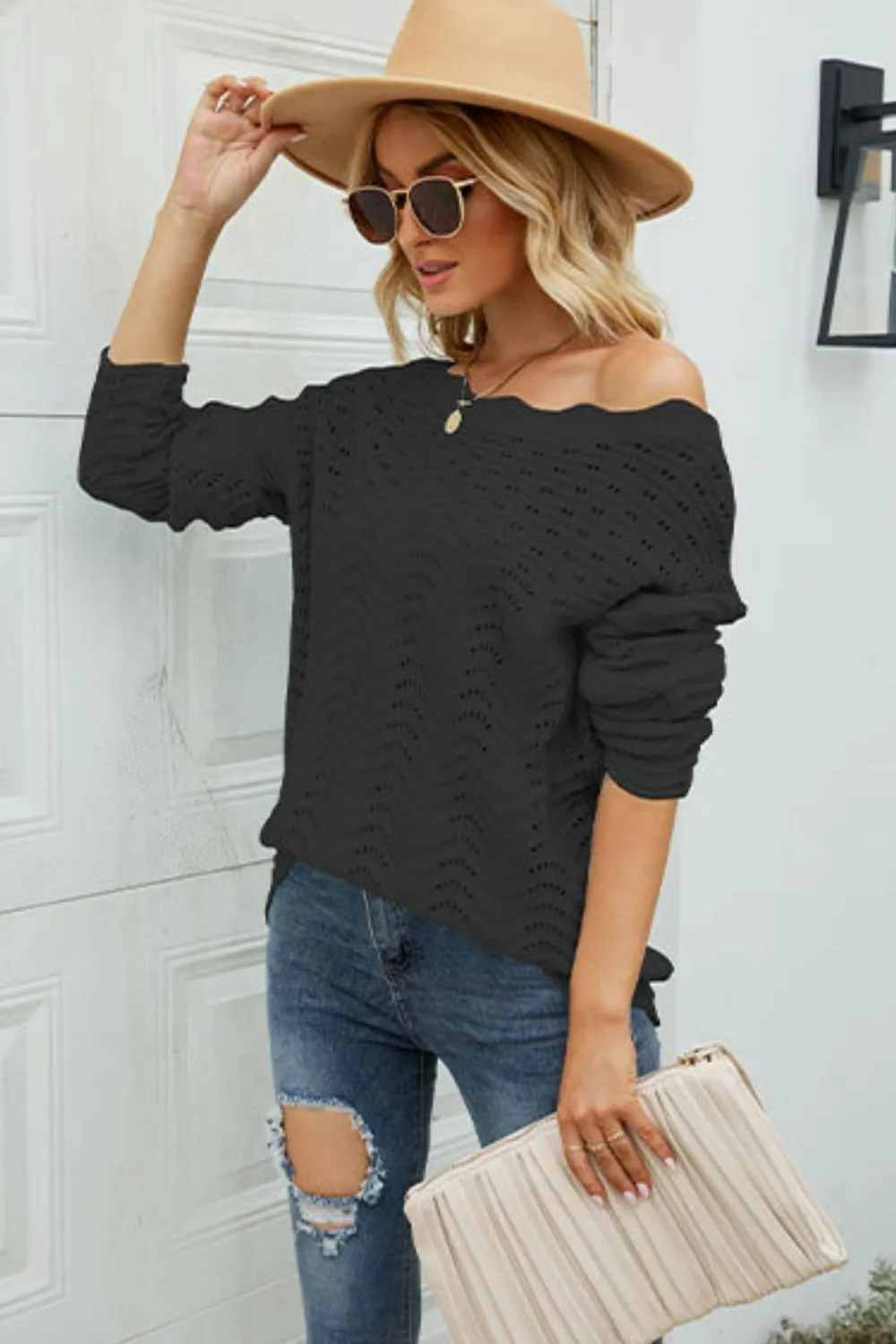 Scalloped Boat Neck Openwork Tunic Sweater