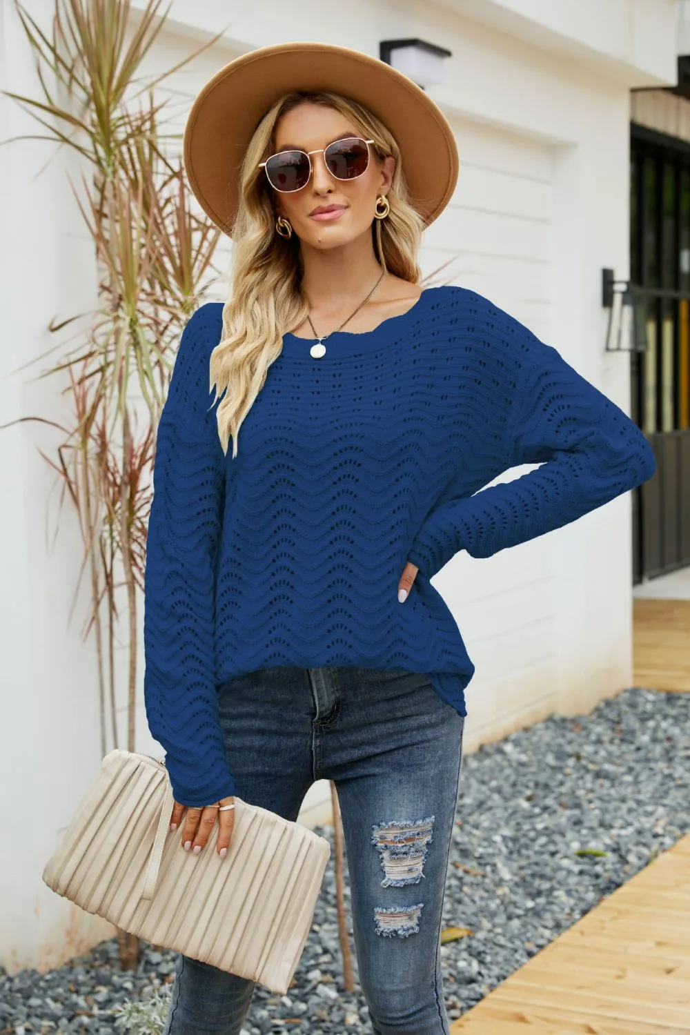 Scalloped Boat Neck Openwork Tunic Sweater