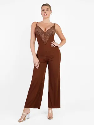 Shapewear Lace Deep V-Neck Sculpting Wide Leg Jumpsuit For Insiders