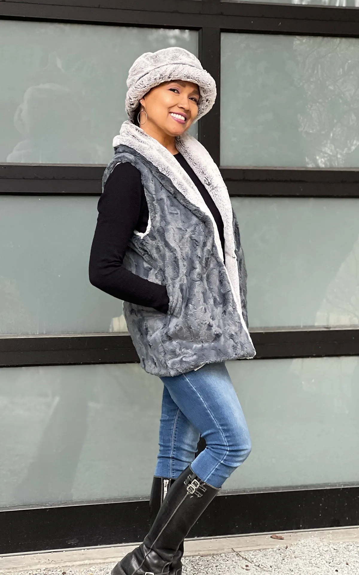 Shawl Collar Vest, Reversible less pockets - Frosted Faux Furs