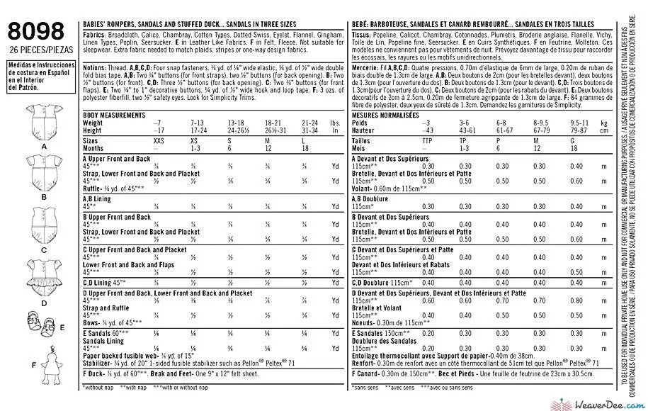 Simplicity Pattern S8098 Babies' Rompers, Sandals, & Stuffed Duck