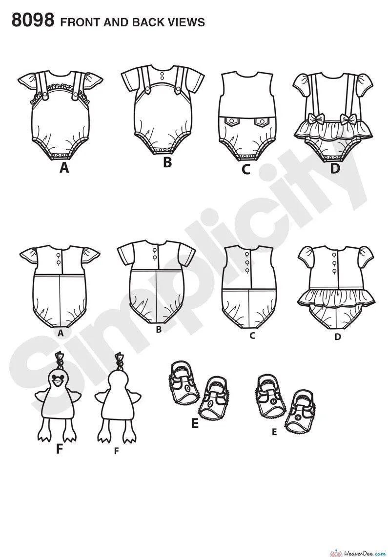 Simplicity Pattern S8098 Babies' Rompers, Sandals, & Stuffed Duck