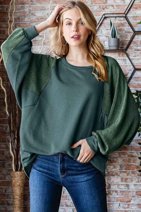 Solid Olive Lace Contrast Sweater Top