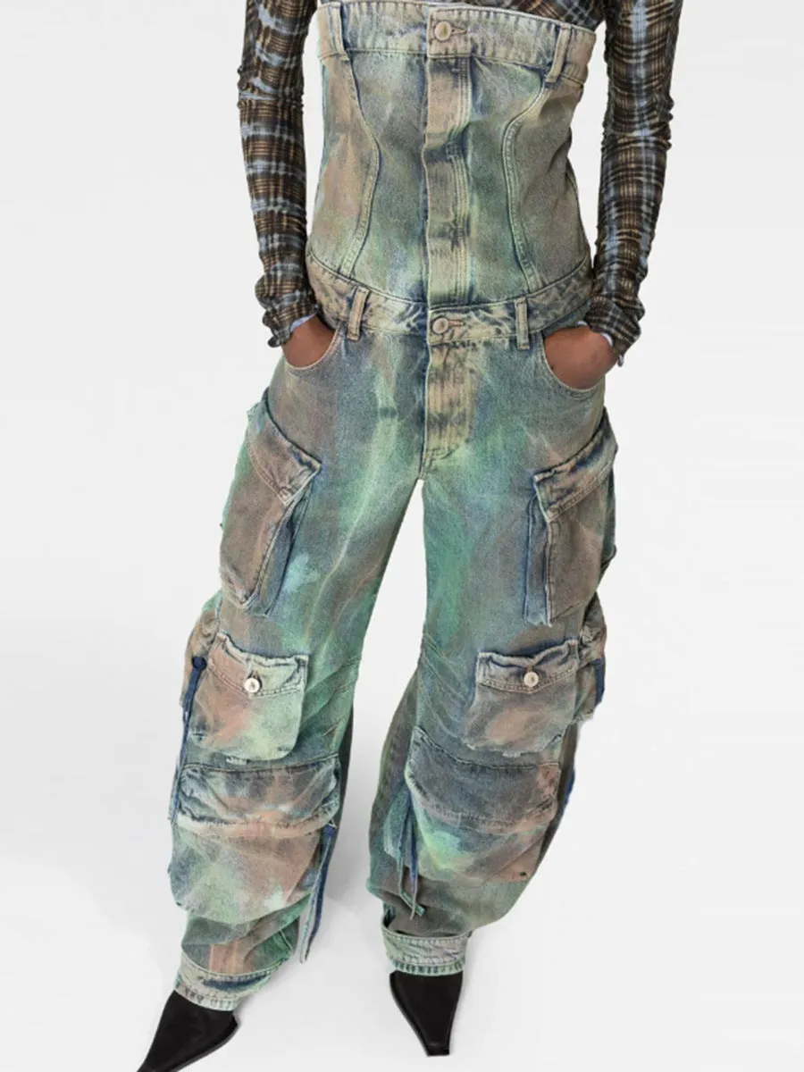 Street cargo jumpsuit and mid-waist tie-dye effect