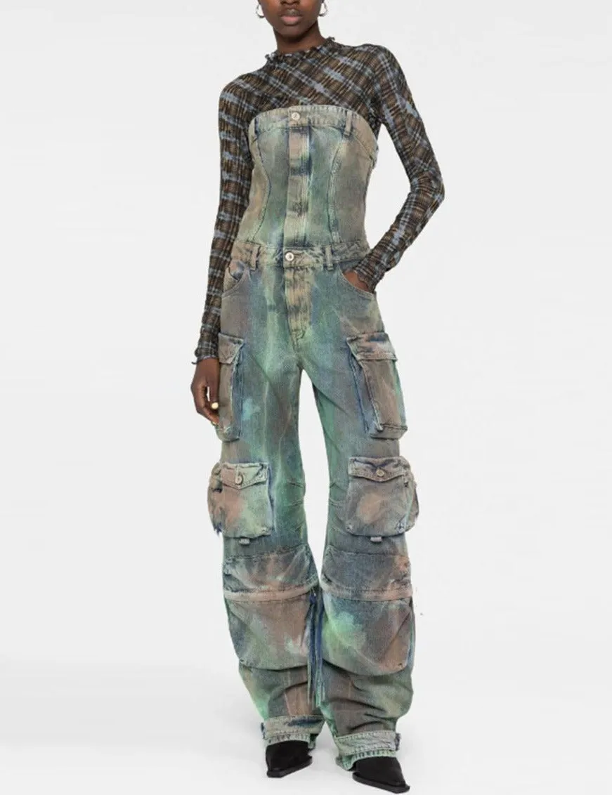 Street cargo jumpsuit and mid-waist tie-dye effect